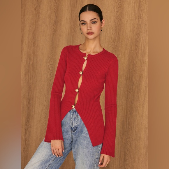 Commense Golden Button Split Knit Top Red - Picture 1 of 7